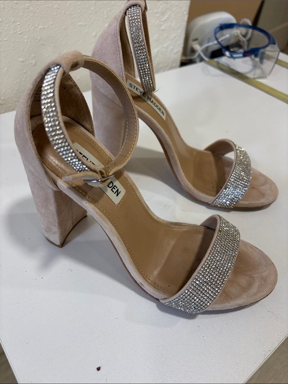 Steve Madden Blush Pink Suede Crystal Strap Block Heels